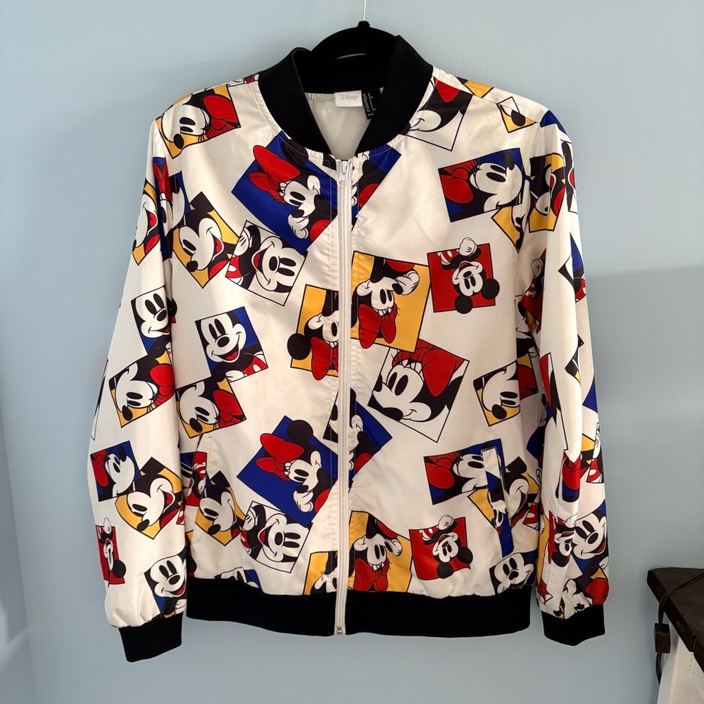 Mickey Mouse Print Bomber Jacket - White, Red, Blue, Yellow
